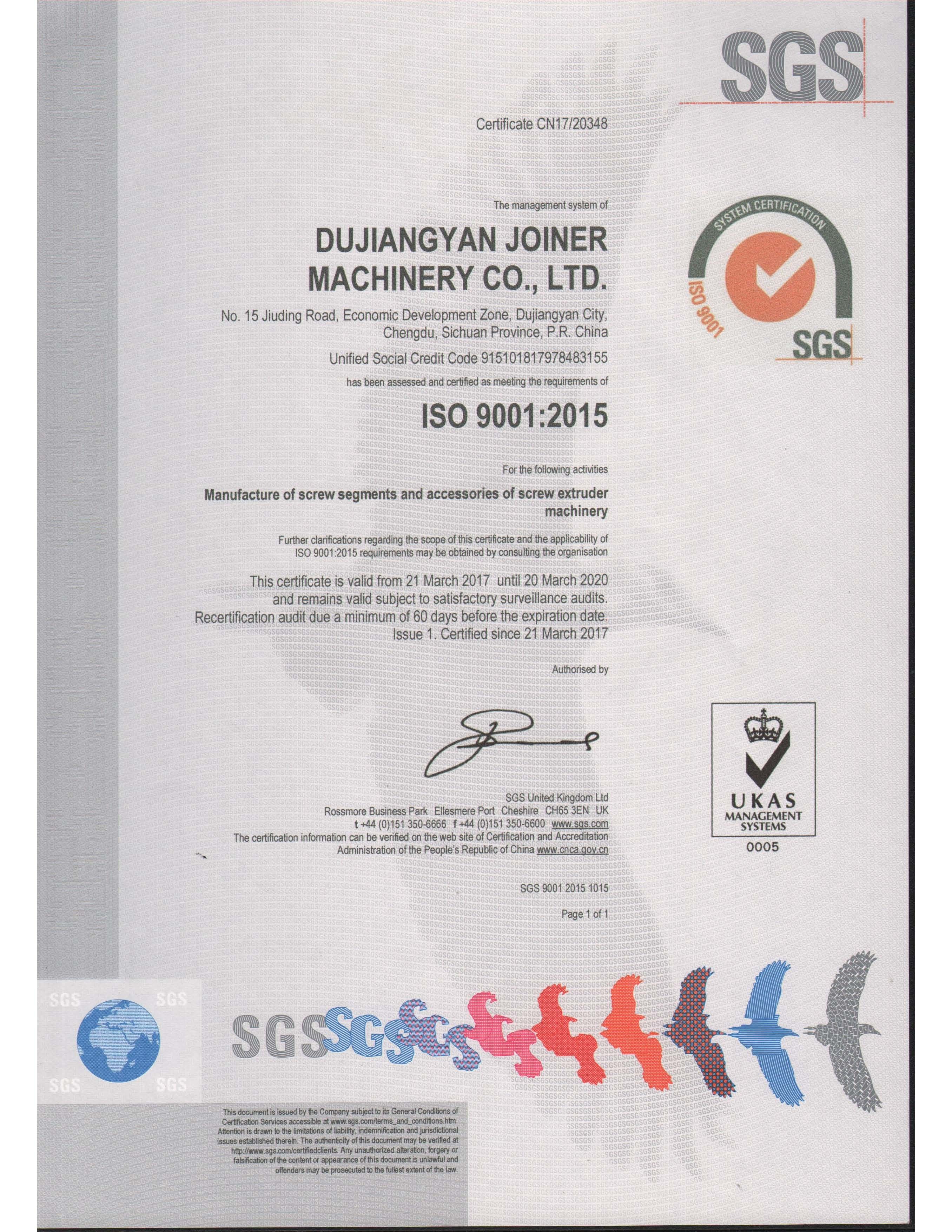 China Joiner Machinery Co., Ltd. Certificaten